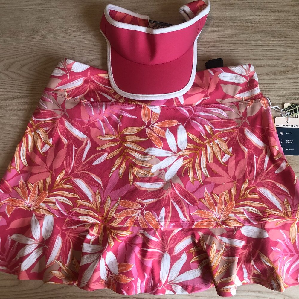 NWT Tommy Bahama stretchy pull-on UPF 50 golf skort + visor